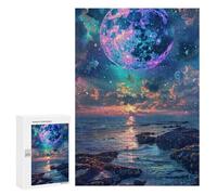 Puzzles pour Adolescents Fantasy Beach Sunset with Giant Moon Puzzle Anti-Stress pour Adolescents Chaque Pièce Est Unique - Idéal comme Cadeau pour Toute La Famille 300 PCS