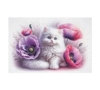 Puzzles pour Adolescents Fluffy White Kitten with Poppies Puzzles pour Adultes : des Jouets À Monter Soi-même, Amusants Et Originaux, Parfaits pour Un Anniversaire Ou Noël