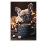 Puzzles pour Adolescents French Bulldog Pup Coffee Puzzles pour Adolescents, Jouets Anti-Stress, Décoration Murale, Cadeau d'anniversaire, Cadeaux, 75x50cm/1000pcs