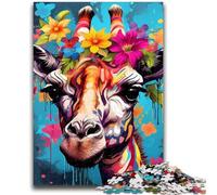 Puzzles pour Adolescents Girafe Portant des Fleurs, Jouets de Divertissement Familial avec Affiche et fiche de Questions-réponses (26x38cm)