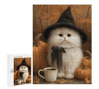 Puzzles pour Adolescents Halloween White Witch Cat with Pumpkins Jeu De Puzzle Familial pour Adultes, Amusant Et Humoristique, Activités À Faire À La Maison, 500 PCS