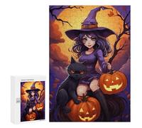 Puzzles pour Adolescents Halloween Witch with Black Cat Puzzles pour Adultes À Monter Soi-même, Décorations Murales, Idées Cadeaux pour Toute La Famille 300 PCS
