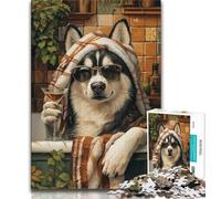 Puzzles pour Adolescents Husky dans la Salle de Bain Puzzle Adolescent, est idéal comme Cadeau pour Toute la Famille Convient pour et 14 (Taille 75x50cm)