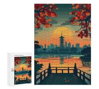 Puzzles pour Adolescents Japanese Pagoda Sunset Landscape Illustration Puzzles pour Adultes, Jouets Anti-Stress, Difficile, Cadeau d'anniversaire, Cadeaux, 300 PCS