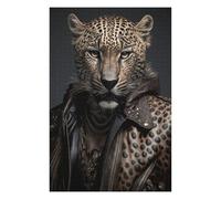 Puzzles pour Adolescents Leopard in Leather Jacket Jeu De Puzzle Casse-tête Décoration Murale Cadeaux Uniques d'anniversaire Et De Noël 75x50cm/1000pcs