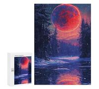 Puzzles pour Adolescents Magical Winter Forest with Giant Red Moon Casse-tête pour Adolescents : Analyse Et Logique, Difficile Et Stimulant, Idéal comme Cadeau 300 PCS