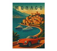 Puzzles pour Adolescents Monaco Travel Poster - Luxury Riviera with Cars and Yachts Casse-têtes pour Adultes, Jeux De Réflexion, Cadeaux Anti-Stress pour Les Amis Et La Famille 38x26cm/1000pcs