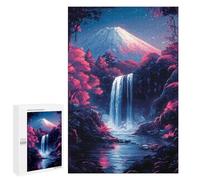 Puzzles pour Adolescents Mountain Fuji Waterfall Night Japanese Cherry Blossom Jeu De Puzzle Familial pour Adultes, Amusant Et Humoristique, Activités À Faire À La Maison, 1000 PCS