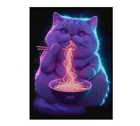 Puzzles pour Adolescents Neon Cat Eating Ramen Puzzles pour Adultes Jeux Amusants pour S'amuser en Famille Interaction Parent-Enfant 52x38cm/1000pcs