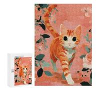 Puzzles pour Adolescents Orange Tabby Cat with Floral Background Puzzle pour Adultes, Décoration Murale, Œuvre d'art, Cadeau d'anniversaire, Cadeaux, 300 PCS