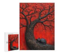 Puzzles pour Adolescents Sleeping Black Japan Cat Beneath Red Tree Puzzles pour Adultes Jeux Relaxants Qui Améliorent La Mémoire Cadeaux Uniques pour Un Anniversaire Et Noël 500 PCS