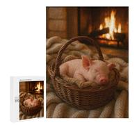 Puzzles pour Adolescents Sleeping Piglet in Basket by Fireplace Jeu De Puzzle Familial pour Adultes, Amusant Et Humoristique, Activités À Faire À La Maison, 500 PCS
