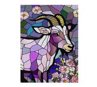 Puzzles pour Adolescents Stained Glass Ram with Flowers Puzzles pour Adultes Jeux Amusants pour S'amuser en Famille Interaction Parent-Enfant 52x38cm/1000pcs