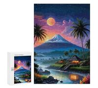 Puzzles pour Adolescents Tropical Island Landscape with Mountain and Moon Puzzle pour Adultes Jeux en Famille Une Œuvre d'art Interaction Parent-Enfant 300 PCS