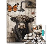 Puzzles pour Adolescents : Vache des Highlands dans la Salle de Bain, Anti-Stress, pour Passer Le Temps à la Maison, avec Affiche et fiche de Questions-réponses Assorties (75x50cm)