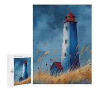 Puzzles pour Adolescents Watercolor Lighthouse Art Blue Lighthouse with Grasses Calm Coastal Print Puzzle pour Adultes Jeux en Famille Une Œuvre d'art Interaction Parent-Enfant 500 PCS