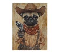Puzzles pour Adolescents Western Pug Cowboy Art Print-3 Puzzle pour Adultes, Jeu Manuel, Course De Vitesse, Cadeau d'anniversaire, Cadeaux, 1000pcs(52x38cm)