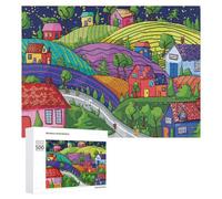 Puzzles pour Adolescents Whimsical Village Night Scene Wall Mural Puzzles pour Adultes Jouets Anti-Stress Vacances À La Maison Passer Le Temps Interaction Parent-Enfant 500 PCS