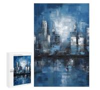 Puzzles pour Adolescents1000 PCS Blue Urban Skyline - Abstract Cityscape Reflection Painting Puzzles pour Adultes Jeux Relaxants Décoration Murale Cadeaux d'anniversaire Uniques 1000 PCS