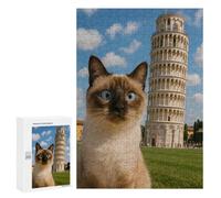 Puzzles pour Adolescents300 PCS Siamese Cat with Leaning Tower Puzzles pour Adultes Jeu Manuel Améliore La Mémoire Cadeaux d'anniversaire Uniques 300 PCS