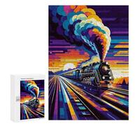 Puzzles pour Adolescents300 PCS Steam Train Sunset WPAP Puzzles pour Adultes Jeu Manuel Améliore La Mémoire Cadeaux d'anniversaire Uniques 300 PCS