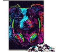 Puzzles pour Adultes 1000 DJ Neon Border Collie en Bois, Jouets Cadeau éducatif intellectuel décompressant Amusant Jeu Familial 50x75cm pour Jeu interactif Familial