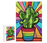 Puzzles pour Adultes 1000 PCS Colorful Cactus Stained Glass Art Puzzle pour Adolescents Assemblage De Motifs Interaction Parent-Enfant Jeu Au Design Attrayant 1000 PCS