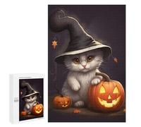 Puzzles pour Adultes 1000 PCS Halloween Witch Cat with Pumpkins Puzzle pour Adolescents Assemblage De Motifs Interaction Parent-Enfant Jeu Au Design Attrayant 1000 PCS