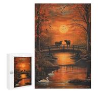 Puzzles pour Adultes 1000 PCS Puzzles Cows in Autumn Sunset Bridge Puzzle pour Adultes, Jouet, Décoration Murale, Anti-Stress, Difficile Et Stimulant 1000 PCS