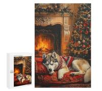 Puzzles pour Adultes 1000 PCS Puzzles Sleeping Husky Dog by Fireplace Christmas Scene Puzzles pour Adultes - Décoration Murale - Difficile - Stimule Le Cerveau 1000 PCS