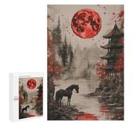 Puzzles pour Adultes 1000 PCS Red Moon Asian Landscape with Horse Puzzle pour Adolescents Assemblage De Motifs Interaction Parent-Enfant Jeu Au Design Attrayant 1000 PCS