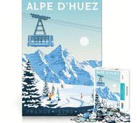 Puzzles pour Adultes 1000 pièces Affiche de Voyage Alpe Huez Jeu de logique aux Bords Nets Jeu Lent et Amusant Scène de Noël Art (38x26cm)