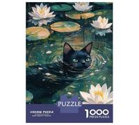 Puzzles pour Adultes 1000 Pièces Black Cat in Water Lilies Puzzles pour Adolescents Découpe De Précision Difficulté Et Défi Cadeaux d'anniversaire Et Cadeaux Uniques 52x38cm/1000pcs