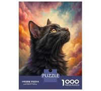 Puzzles pour Adultes 1000 Pièces Black Cat Looking Up at Colorful Sky Puzzle pour Adolescents, Améliore La Mémoire, Stimulant À Compléter, Jeu Amusant pour Toute La Famille 52x38cm/1000pcs