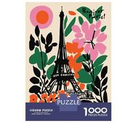 Puzzles pour Adultes 1000 Pièces Bonjour Paris Eiffel Tower Floral Art Puzzles pour Adultes pour S'amuser en Famille Activités Amusantes À La Maison Jeu Familial Stimulant 38x26cm/1000pcs