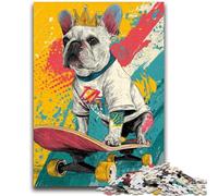 Puzzles pour Adultes 1000 pièces, Bouledogue français, Skateboard, Anti-Stress, défi Difficile, à Offrir en Cadeau à Toute la Famille, 50x75cm