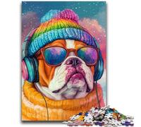 Puzzles pour Adultes 1000 pièces Bulldog écoutant de la Musique Jeux éducatifs Jouets à Faire soi-même Idéal comme Cadeau pour Toute la Famille 50x75cm