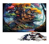 Puzzles pour Adultes 1000 pièces Cabane dans Les Arbres colorée et psychédélique dans la forêt Jouets de Puzzle Décoration intérieure et Cadeaux Uniques Convient aux Adolescents de 14 Ans et Plus