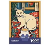 Puzzles pour Adultes 1000 Pièces Cat and Coffee Puzzles pour Adolescents Vacances À La Maison Tuer Le Temps Stimuler Le Cerveau Cadeaux d'anniversaire Et De Noël Uniques 52x38cm/1000pcs