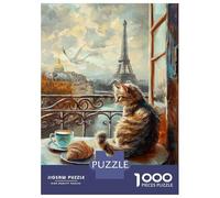 Puzzles Pour Adultes 1000 Pièces Cat with Croissant in Paris Painting Puzzles Pour Adolescents Vacances À La Maison Tuer Le Temps Stimuler Le Cerveau Cadeaux D'anniversaire Et De Noël Uniques 38x26cm/