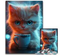 Puzzles pour Adultes 1000 pièces Chat Buvant du café Puzzles en Carton Cadeau pour Hommes et Femmes, Quotidien et Occasions spéciales 26x38cm