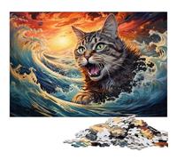 Puzzles pour Adultes 1000 pièces Chat dans Les Vagues Puzzles pour Adultes Puzzle en Bois Superbes Cadeaux pour Noël 1000 pièces (75x50cm)