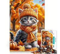 Puzzles pour Adultes 1000 pièces Chat d'automne avec Chapeau et écharpe Jeu de logique aux Bords Nets Jeu Lent et Amusant Scène de Noël Art (38x26cm)