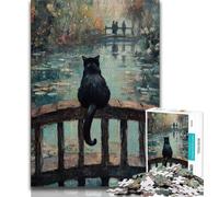 Puzzles pour adultes 1000 pièces Chat noir assis sur le pont Puzzles pour adultes,jeux d'activités familiales stimulants Jouet de bricolage pour décoration murale de la maison Cadeaux (taille 75x50cm)