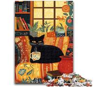 Puzzles pour Adultes 1000 pièces Chat Noir Buvant du café Difficile et défi avec Affiche correspondante et Feuille de Questions pour Les 14 Ans 26x38cm