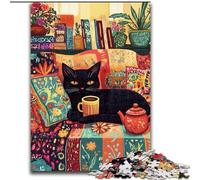 Puzzles pour Adultes 1000 pièces Chat Noir Buvant du café Puzzles en Bois pour Adultes Jeu d'activités familiales pour Adolescents, Casse-tête Stimulant (Taille 50x75cm)