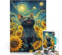Puzzles pour Adultes 1000 pièces Chat Noir Heureux dans Un Champ de tournesols Casse-tête Convient aux Couples 75x50cm