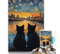 Puzzles pour Adultes 1000 pièces Chat Noir sous Le Ciel Nocturne, activité familiale Amusante à la Maison, Cadeau d'anniversaire, Cadeau de Voyage (38x26cm)