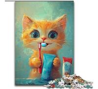 Puzzles pour Adultes 1000 pièces Chat Orange se brossant Les Dents, Chaque pièce est Unique - Jeu Familial Stimulant et Amusant pour Les 14 Ans 26x38cm