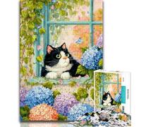 Puzzles pour Adultes 1000 pièces Chat près de la fenêtre 1000 pièces pour Adolescents Jouets de Jeu stimulants décoration Murale Cadeaux d'anniversaire et de Noël Uniques 75x50cm